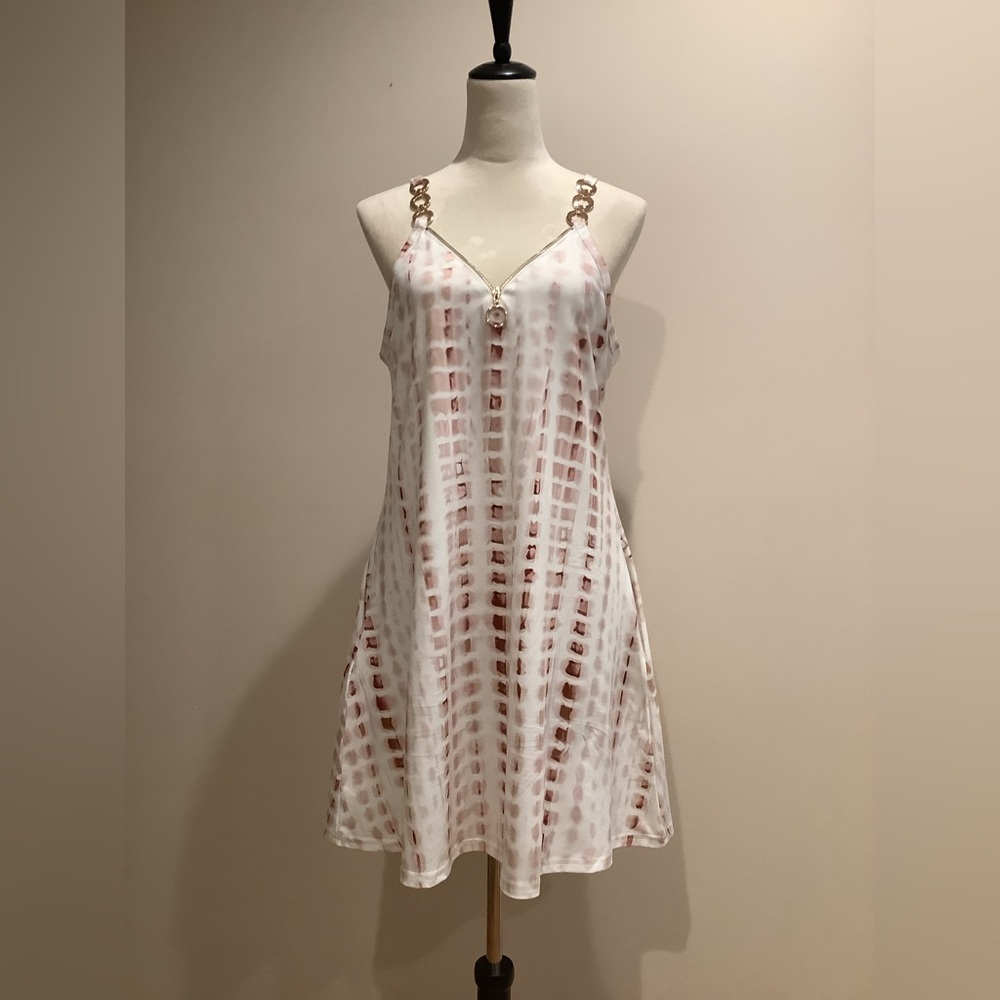 Chic White and Brown Checkered Sleeveless Dress Size L